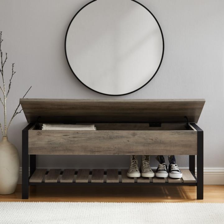 Graywashed Lift-Top Storage Bench