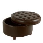 Brown Faux Leather Tufted Round Storage Ottoman