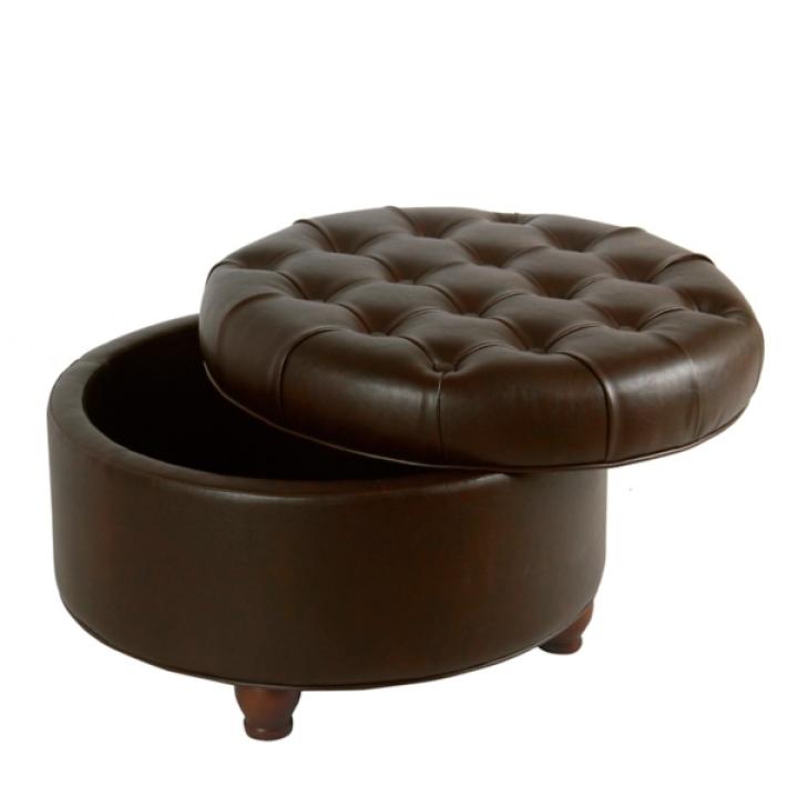 Brown Faux Leather Tufted Round Storage Ottoman