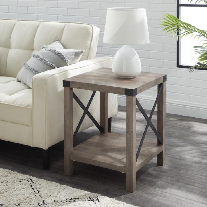 Gray Wash Industrial X-Frame Accent Table