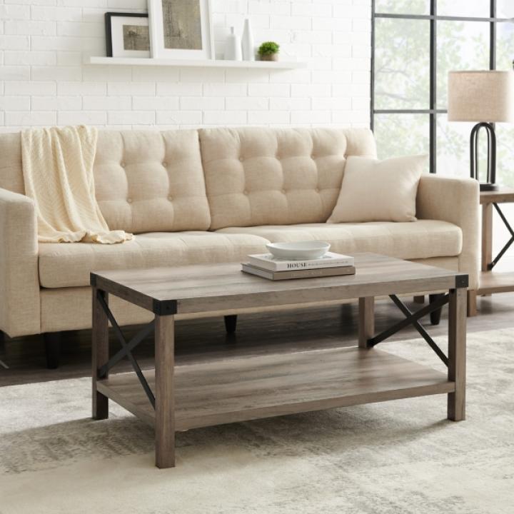 Gray Wash Industrial X-Frame Coffee Table