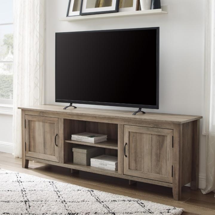 Gray Wash Wood Grooved Door TV Stand