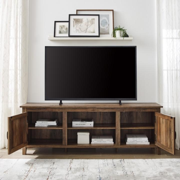 Rustic Oak Wood Grooved Door TV Stand