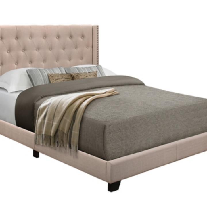Beige Upholstered Button Tufted Wing Queen Bed