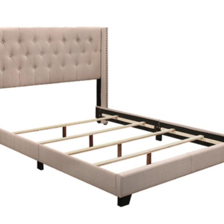 Beige Upholstered Button Tufted Wing Queen Bed