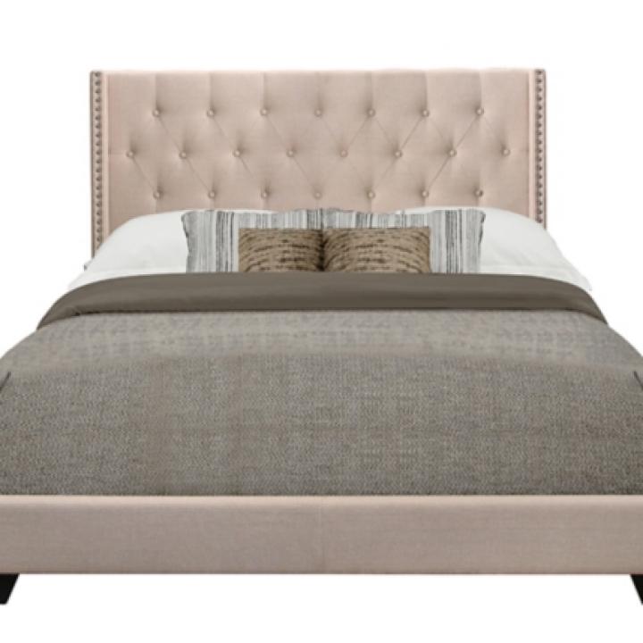 Beige Upholstered Button Tufted Wing Queen Bed
