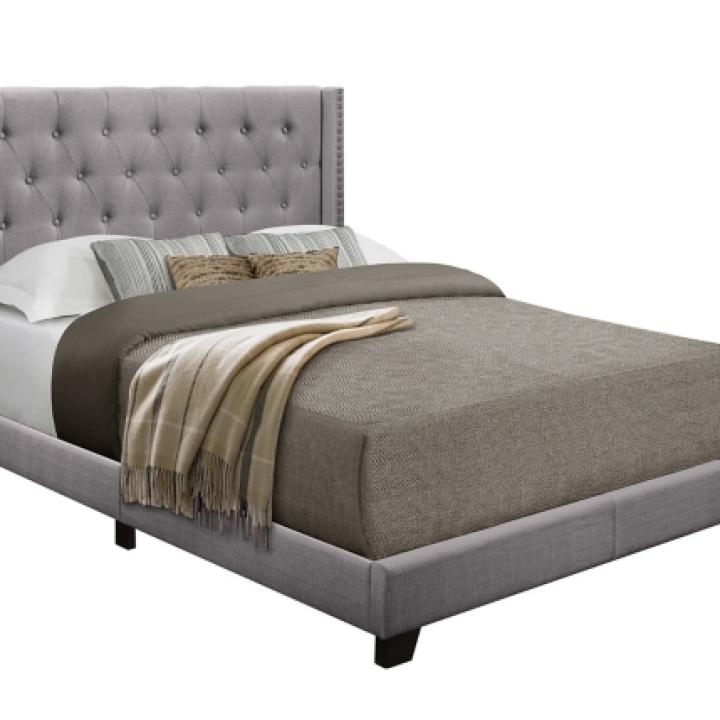 Gray Upholstered Button Tufted Wing King Bed