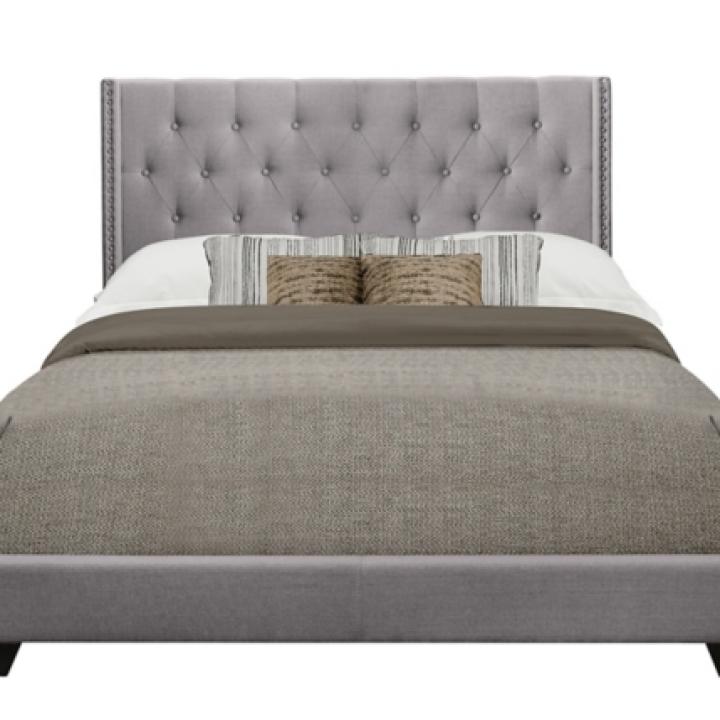 Gray Upholstered Button Tufted Wing King Bed