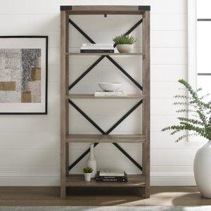 Gray Wash Metal X Frame Back Bookshelf
