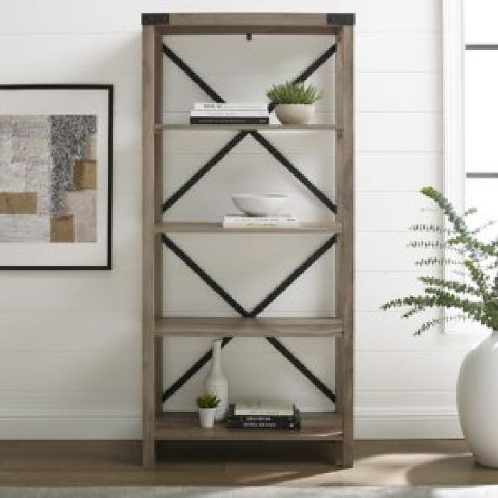 Gray Wash Metal X Frame Back Bookshelf