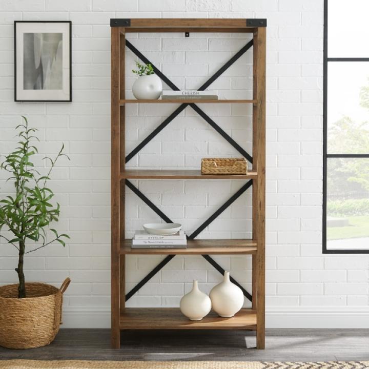 Rustic Oak Metal X Frame Back Bookshelf