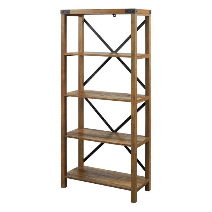 Rustic Oak Metal X Frame Back Bookshelf