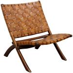 Solid Teak and Genuine Brown Leather Lounge Chair