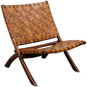 Solid Teak and Genuine Brown Leather Lounge Chair