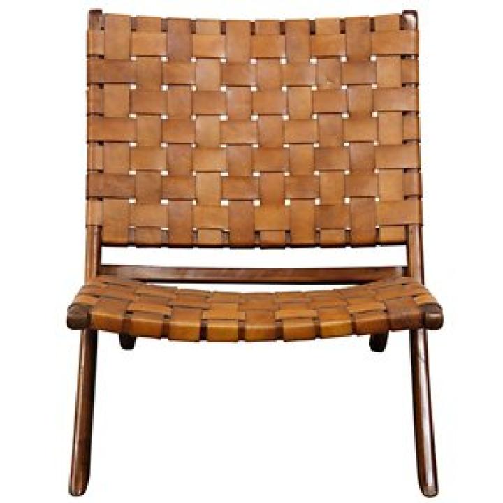 Solid Teak and Genuine Brown Leather Lounge Chair