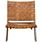 Solid Teak and Genuine Brown Leather Lounge Chair