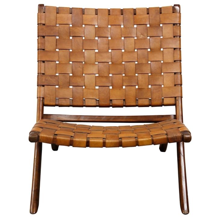 Solid Teak and Genuine Brown Leather Lounge Chair