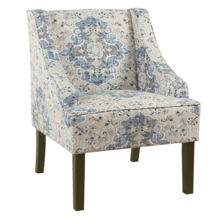 Blue Antiqued Medallion Swoop Arm Accent Chair