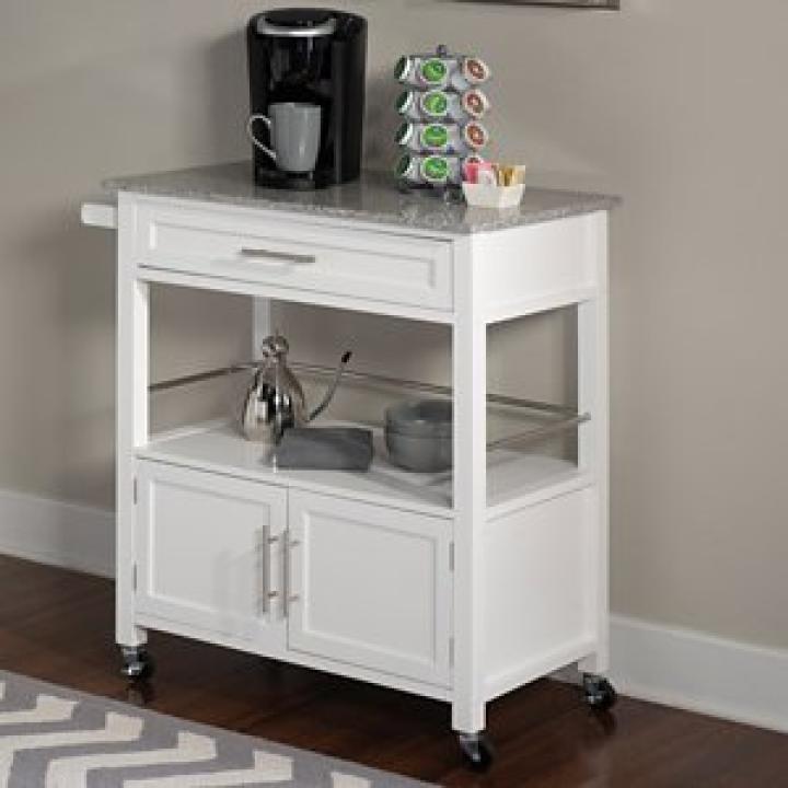 White Parker Granite Top Rolling Kitchen Cart