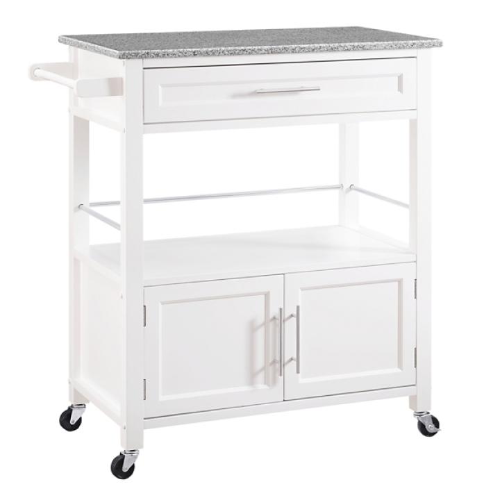 White Parker Granite Top Rolling Kitchen Cart