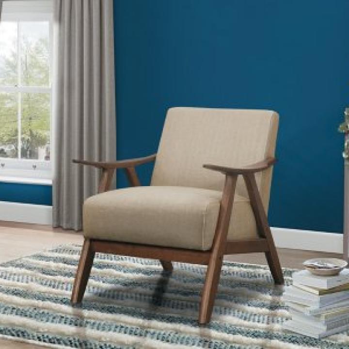 Beige Mid-Century Hazel Wood Frame Accent Chair