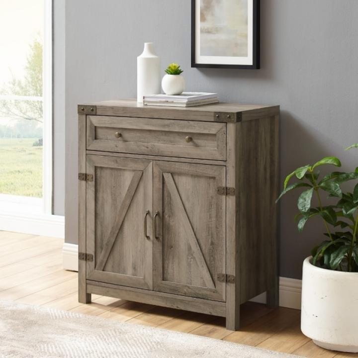 Gray Wash Wooden and Metal Barn Door Cabinet