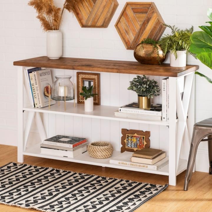 White and Rustic Oak Wood Farmhouse Console Table
