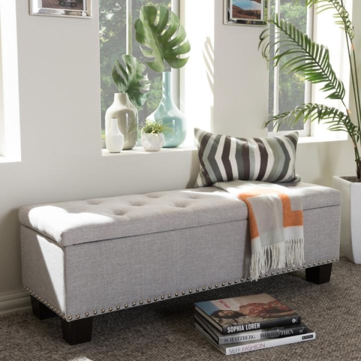 Taupe Button-Tufted Upholstered Storage Bench