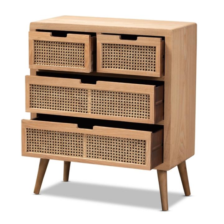 Oak and Rattan 4-Drawer Chest