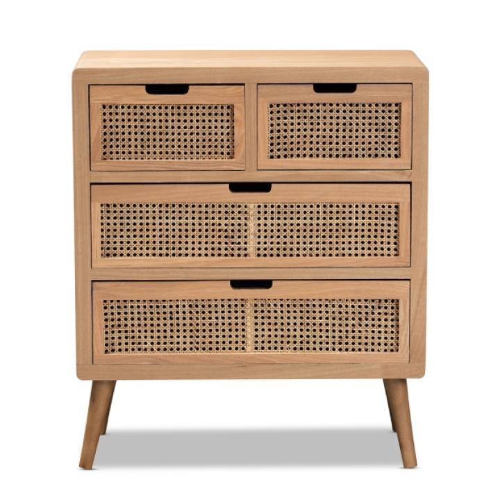 Oak and Rattan 4-Drawer Chest