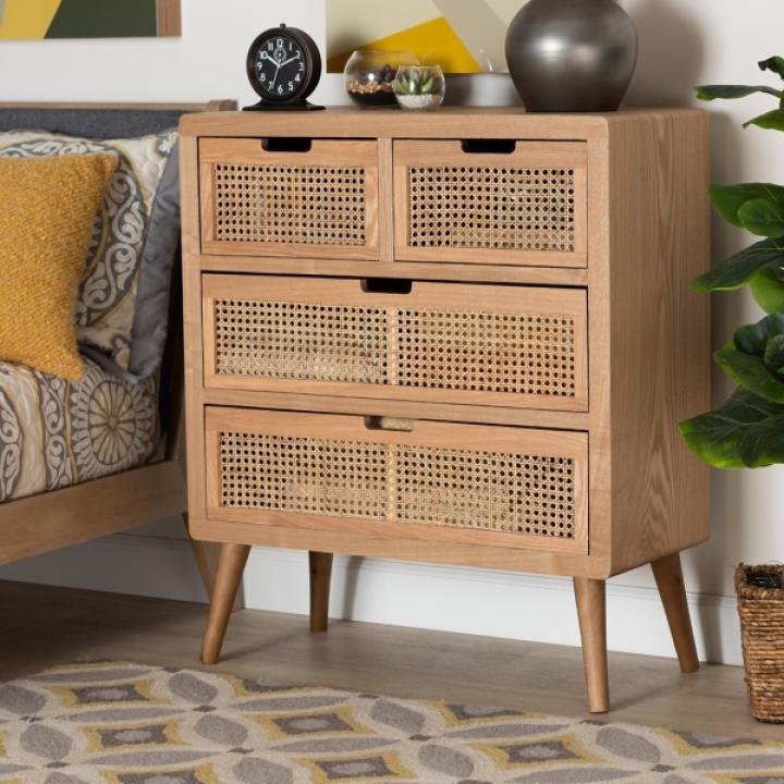 Oak and Rattan 4-Drawer Chest