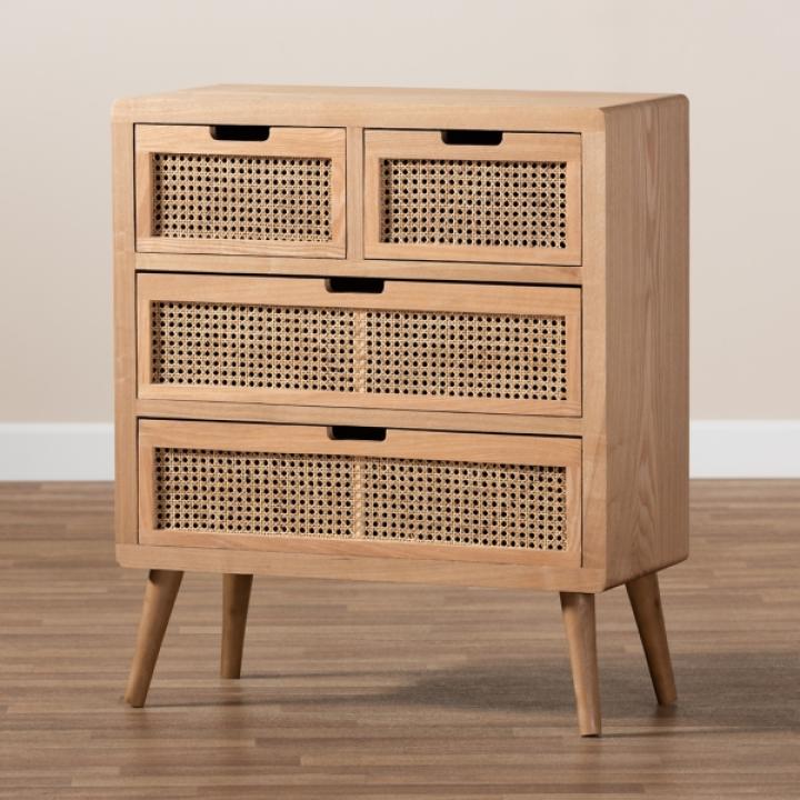 Oak and Rattan 4-Drawer Chest