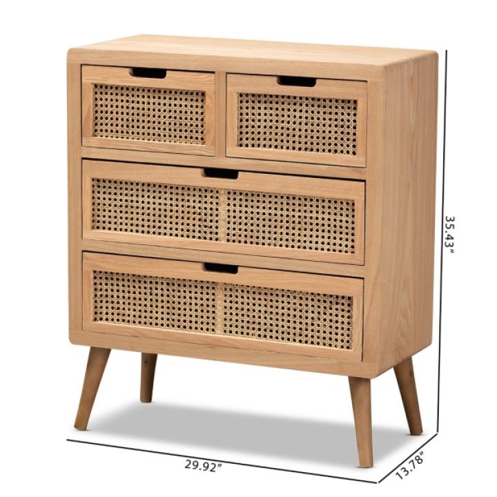 Oak and Rattan 4-Drawer Chest