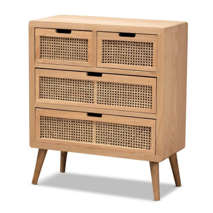 Oak and Rattan 4-Drawer Chest