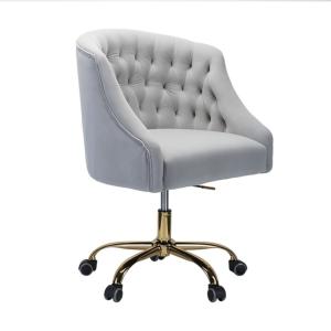 Gray Velvet Tufted Gold Leg Swivel Office Chair