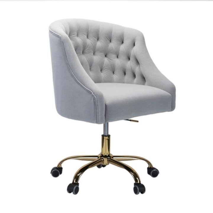 Gray Velvet Tufted Gold Leg Swivel Office Chair