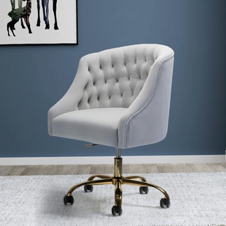 Gray Velvet Tufted Gold Leg Swivel Office Chair