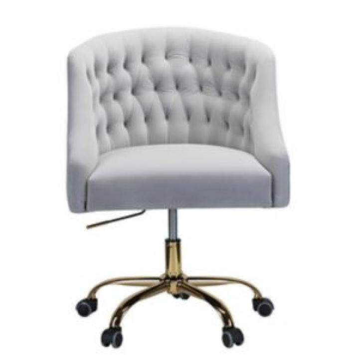 Gray Velvet Tufted Gold Leg Swivel Office Chair