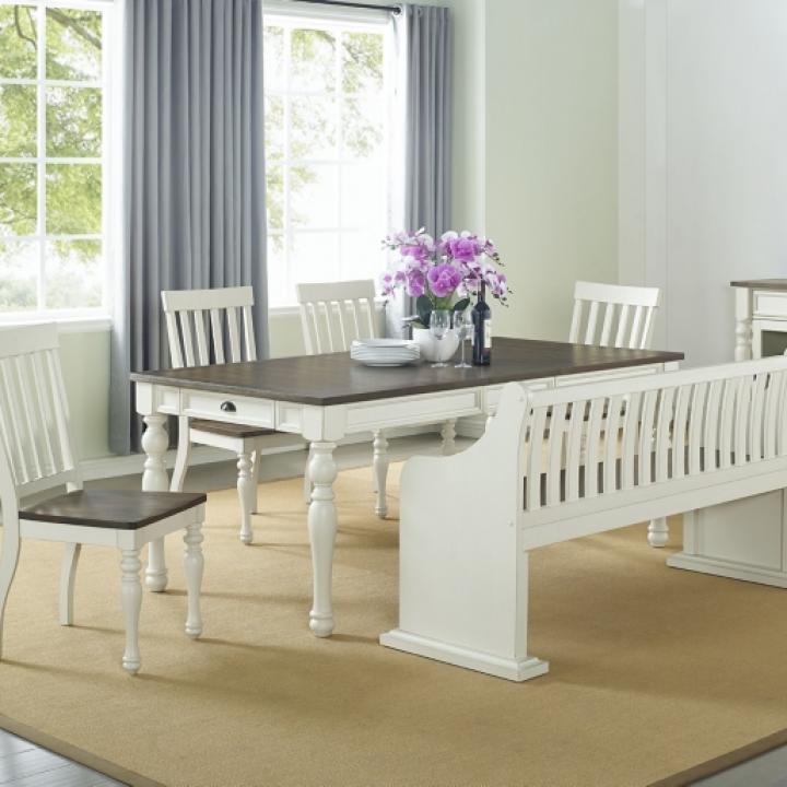 Two-Tone Dark Oak and Ivory High Back Wooden Bench