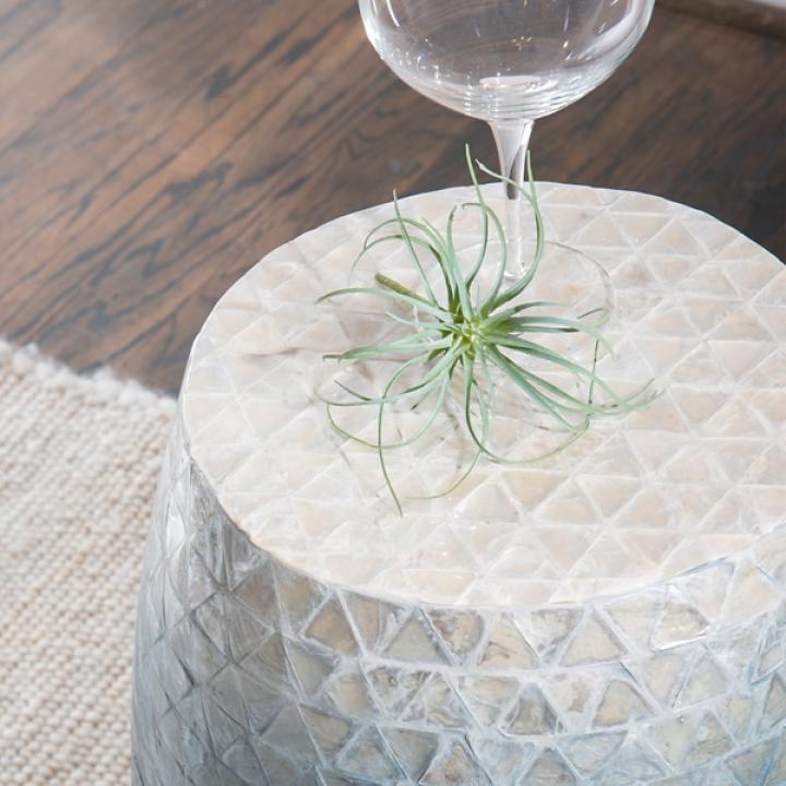 Blue Ombre Mosaic Capiz Shell Drum End Table