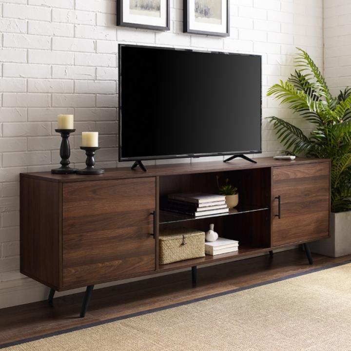 Walnut Mid-Century Modern Glass Shelf TV Stand