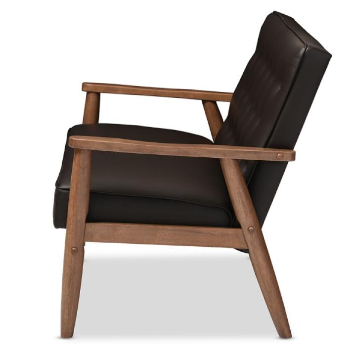 Faux Brown Leather and Rubberwood Loveseat, 49 in.