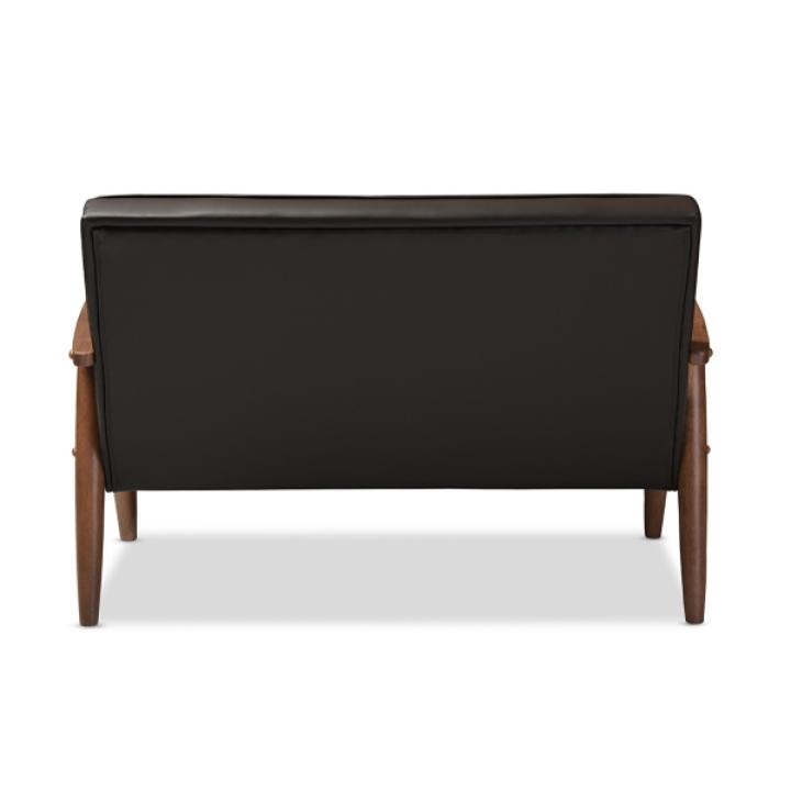 Faux Brown Leather and Rubberwood Loveseat, 49 in.