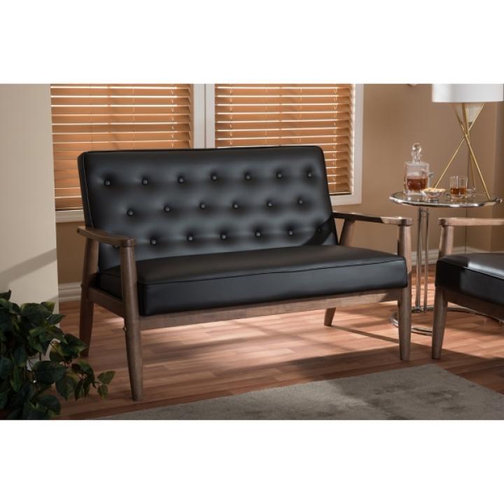 Faux Brown Leather and Rubberwood Loveseat, 49 in.