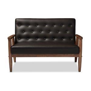 Faux Brown Leather and Rubberwood Loveseat, 49 in.