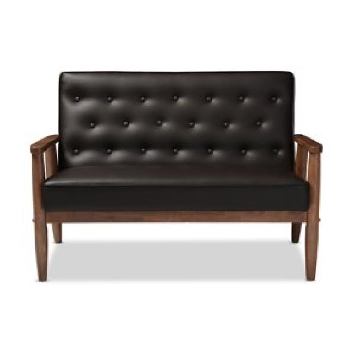 Faux Brown Leather and Rubberwood Loveseat, 49 in.