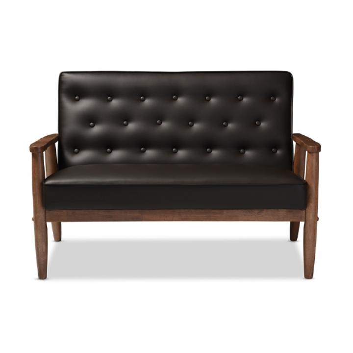 Faux Brown Leather and Rubberwood Loveseat, 49 in.