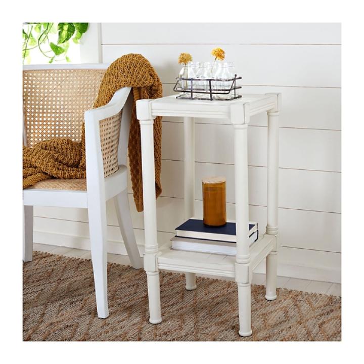 White Carved Pinewood Farmhouse Accent Table