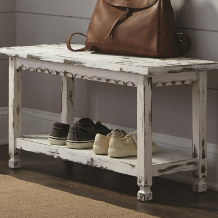 Antiquated White Farmhouse Shelf Bench