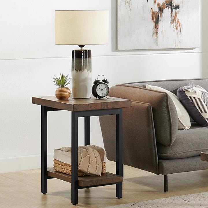 Brown Pine Wood and Metal Accent Table